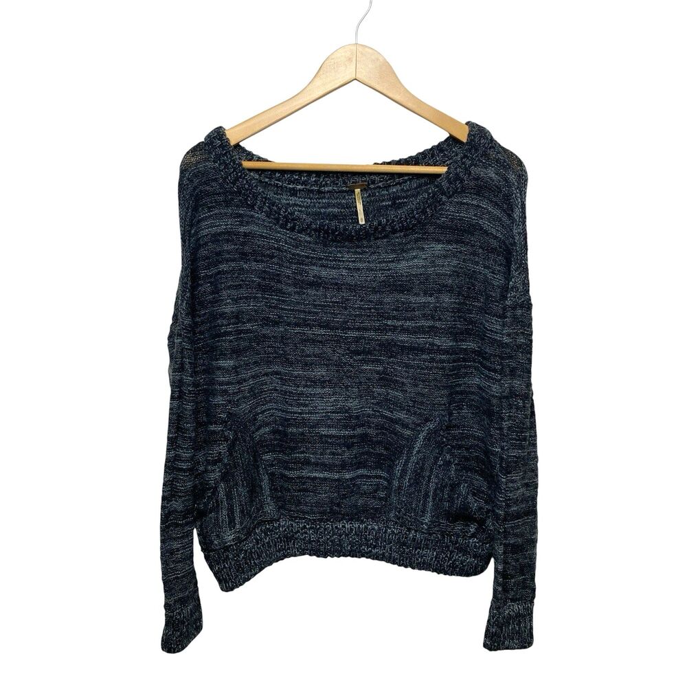 Free People Marled Knit Sweater Womens M Black/Grey Slouchy Pocket Pullover Boho